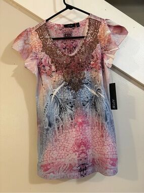 Apt 9 Pink, Blue & White Abstract Graphic Top Petite XS New